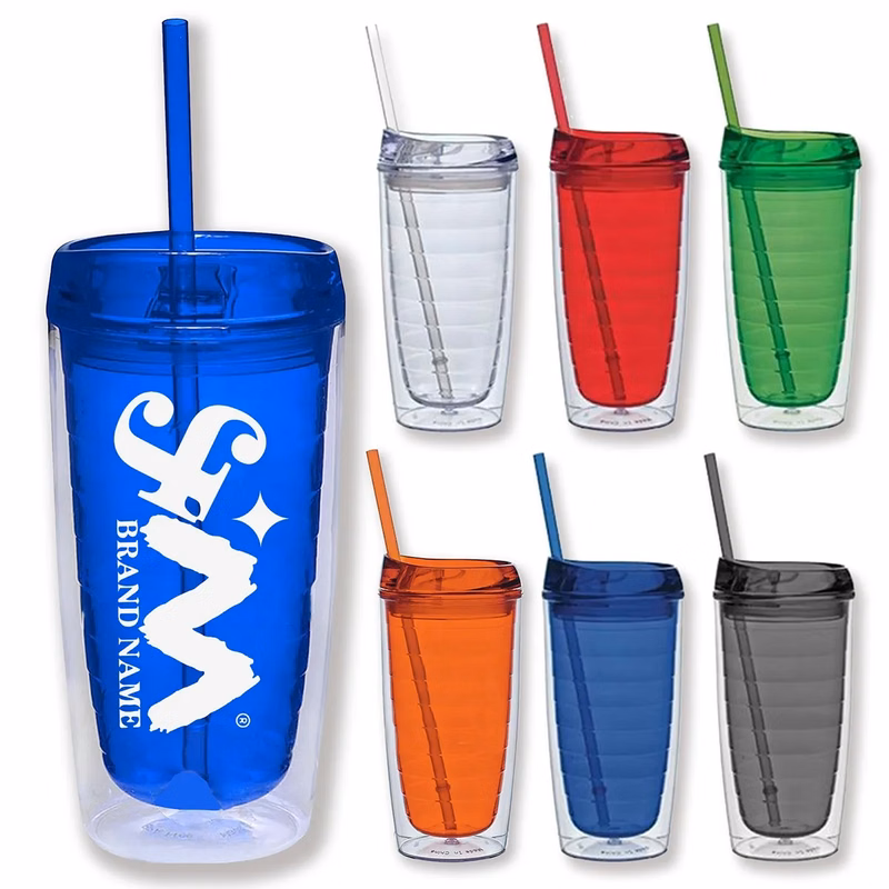 16 Oz Double Wall Reusable Acrylic Tumblers With Straw Lid