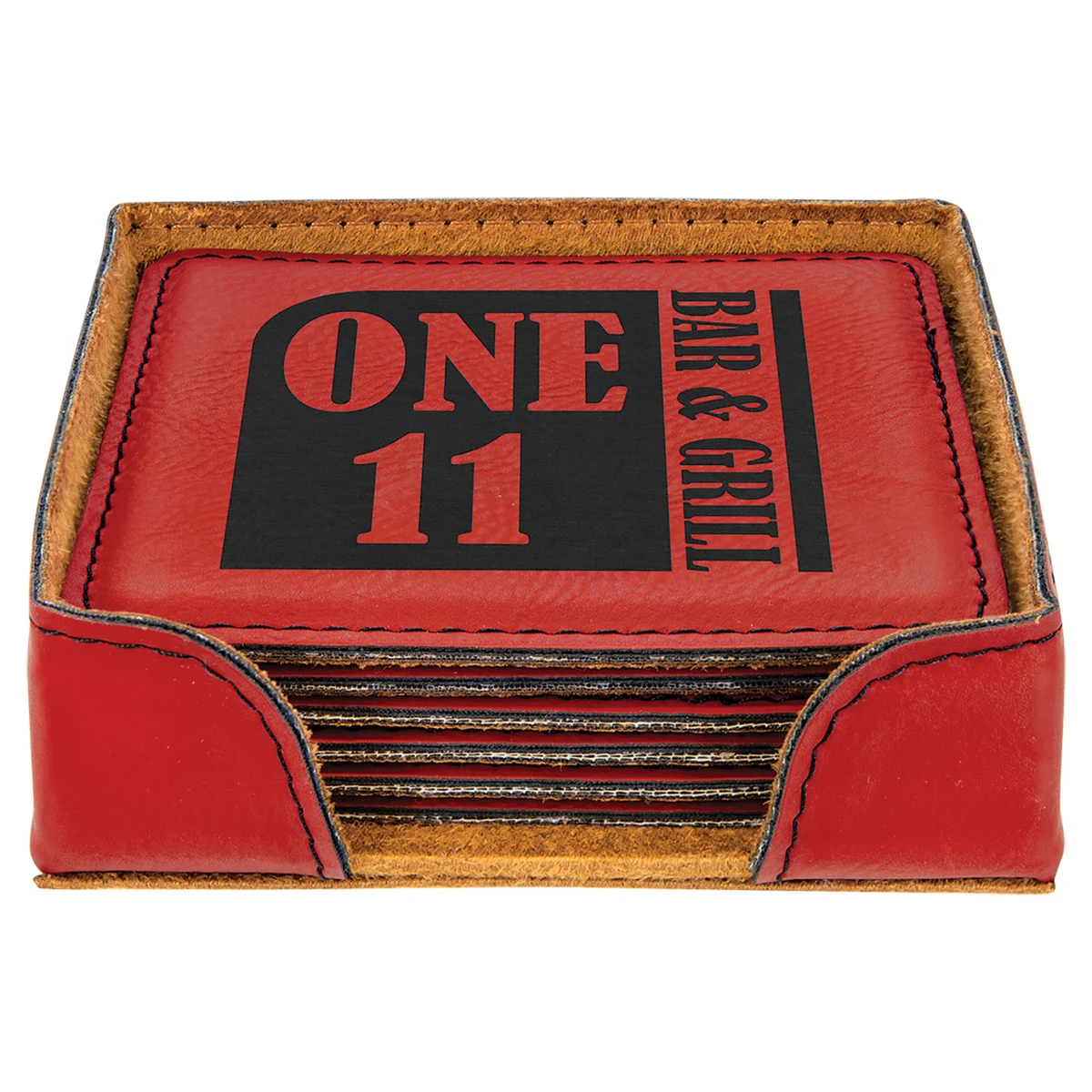 4" x 4" Red Square Leatherette 6-Coaster Set with Holder 1