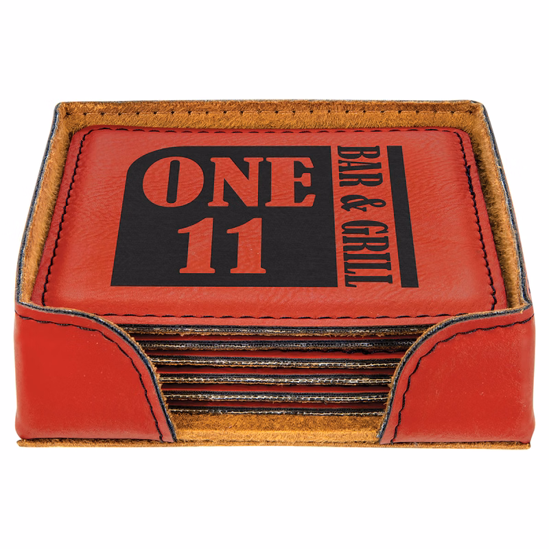 4" x 4" Red Square Leatherette 6-Coaster Set with Holder