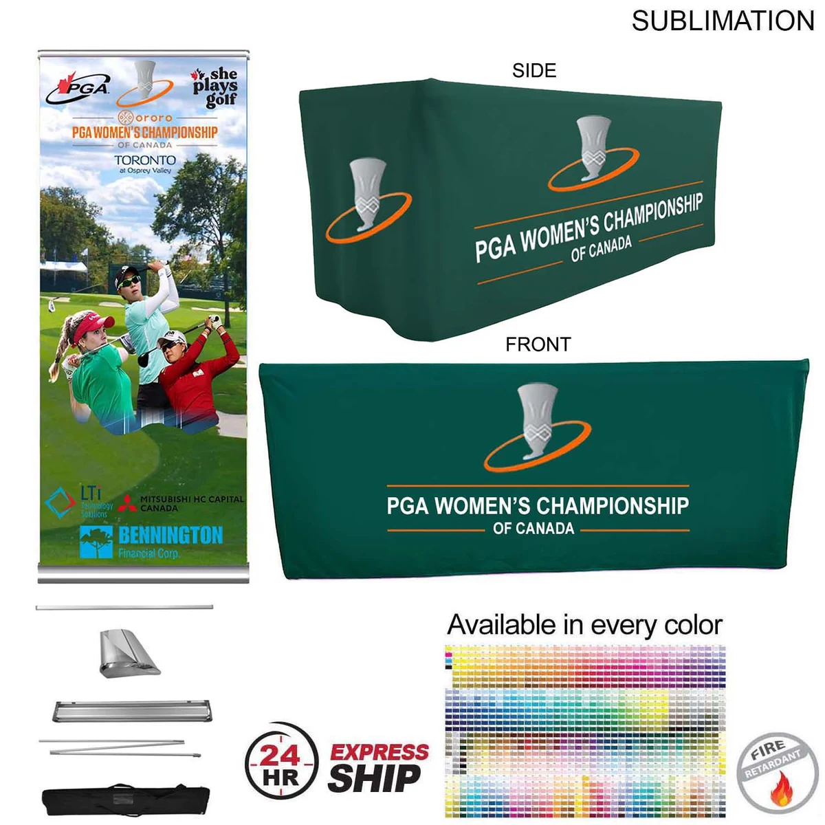 24Hr Express Ship - Outdoor Event Package 2, Deluxe pull up banner + Premium 6' box fit tablecloth 1
