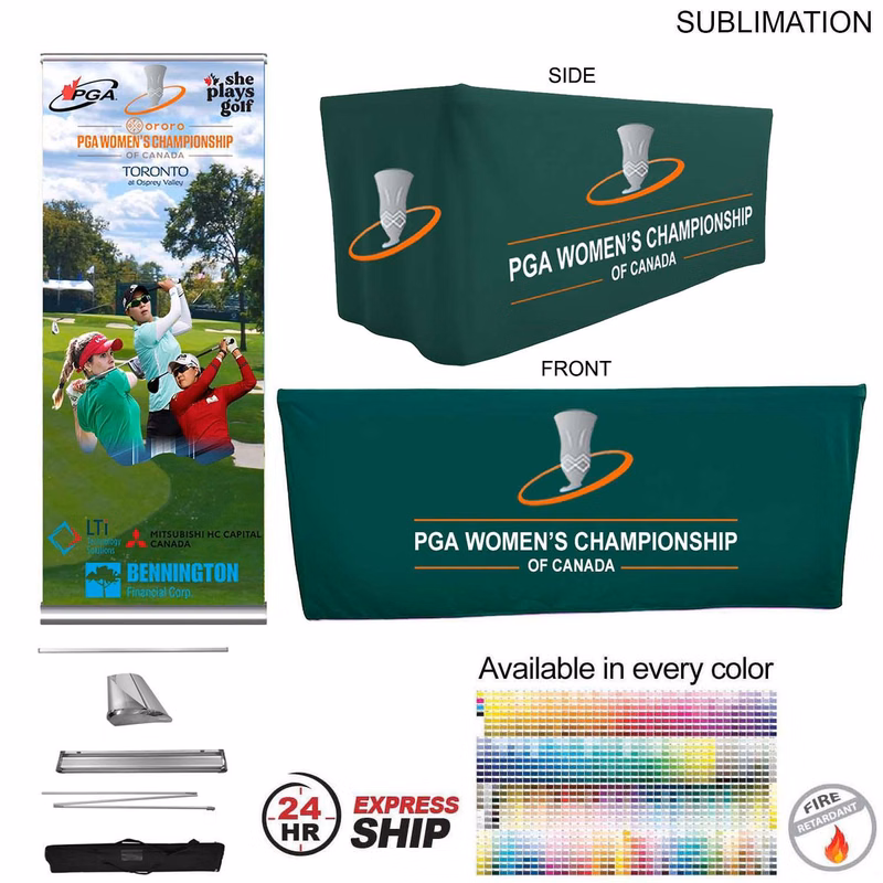 24Hr Express Ship - Outdoor Event Package 2, Deluxe pull up banner + Premium 6' box fit tablecloth