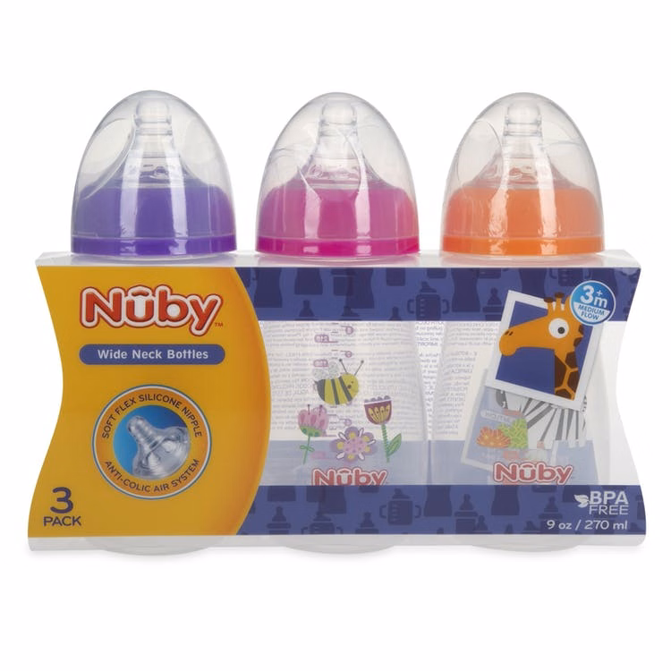 Nuby Wide Neck Bottles - 3 Count Anti-Colic Air System Medium flow