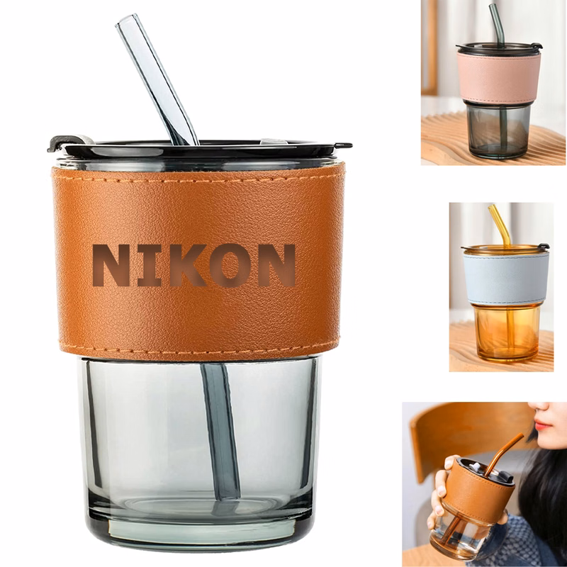 CafeWrap Leather Glass Tumbler + Straw