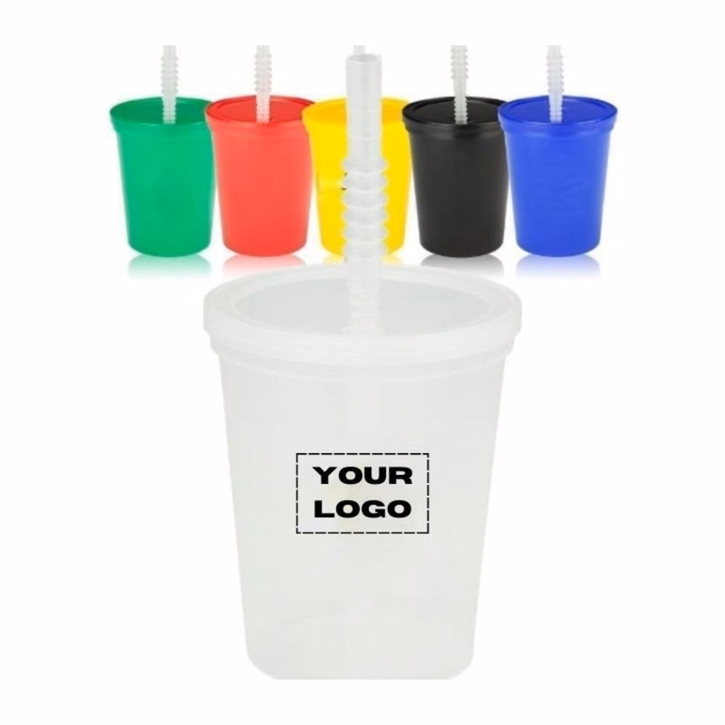 Plastic Stadium Splash Cups with Lid and Straw, 16 oz.