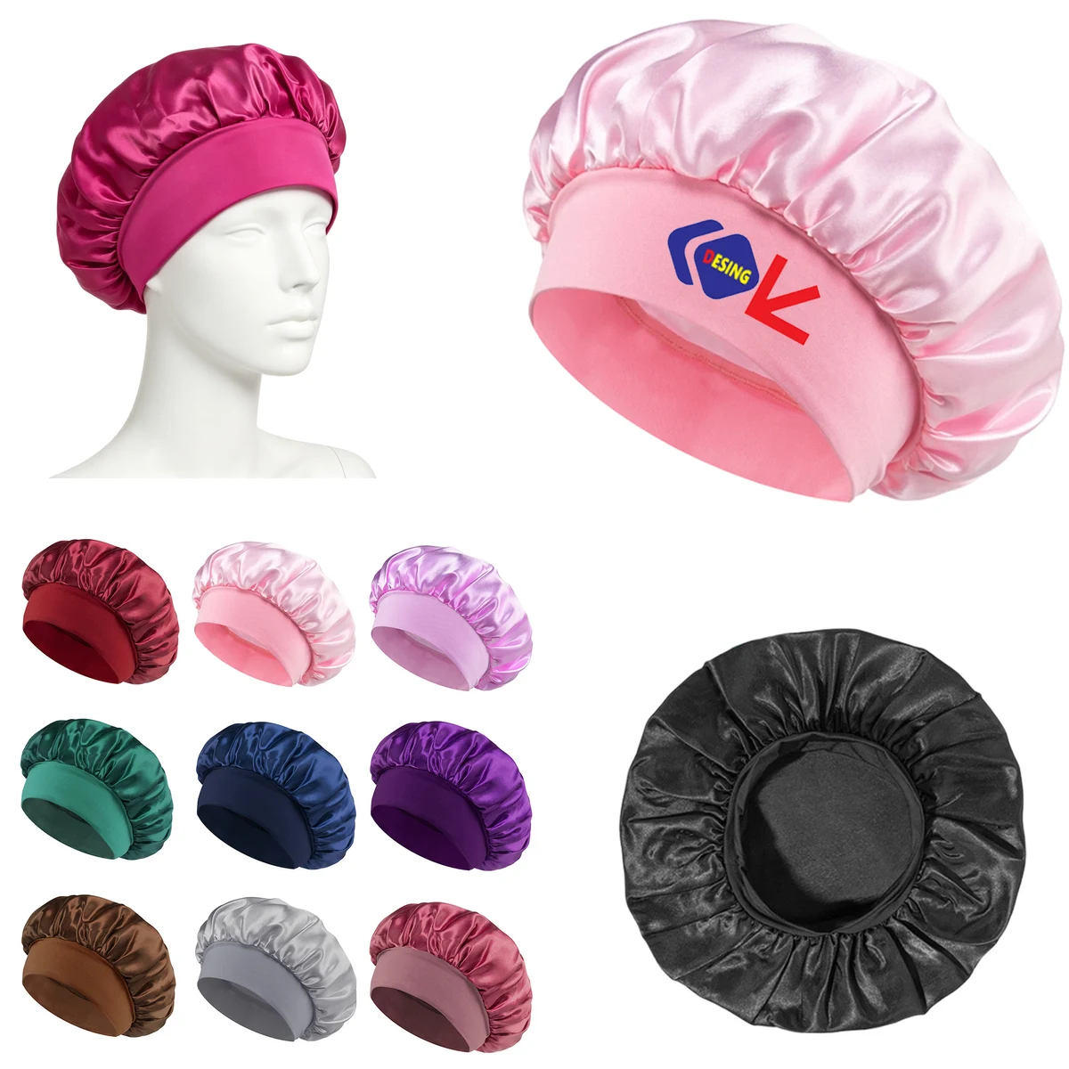 Wide Elastic Band Satin Night Sleep Cap 1