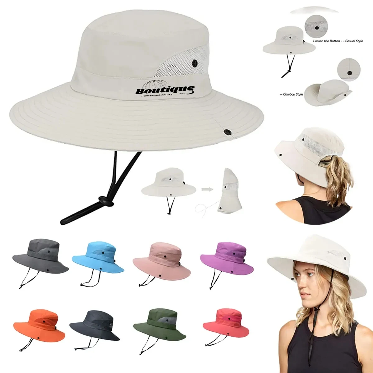 Wide-Brim Outdoor Beach Sun Hat with Ponytail-Hole 1