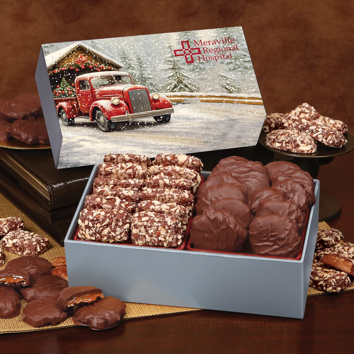 Toffee & Pecan Clusters in Gift Box with Red Truck on Bridge Sleeve 1
