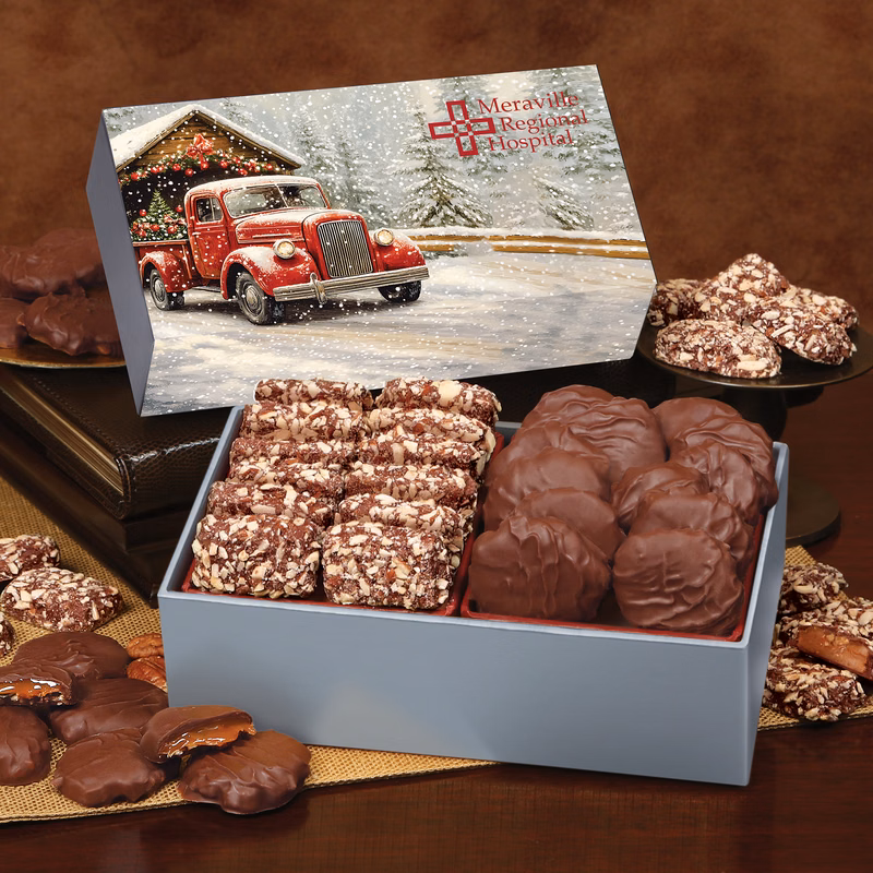 Toffee & Pecan Clusters in Gift Box with Red Truck on Bridge Sleeve