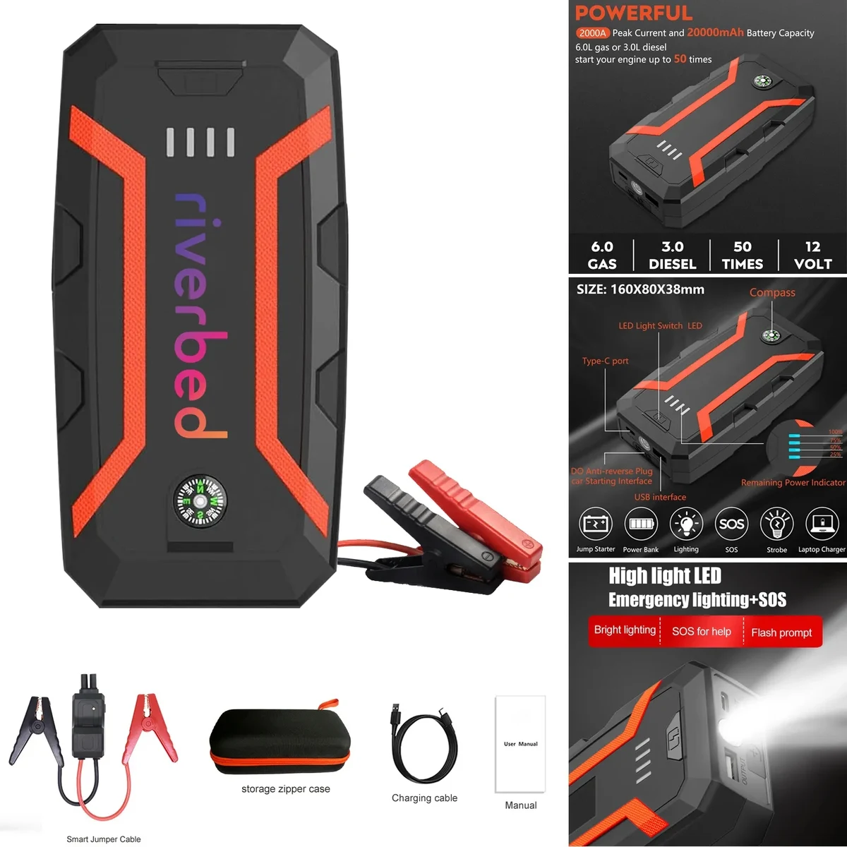 2000A Peak 20000mAh Portable Car Jump Starter Power Bank 1