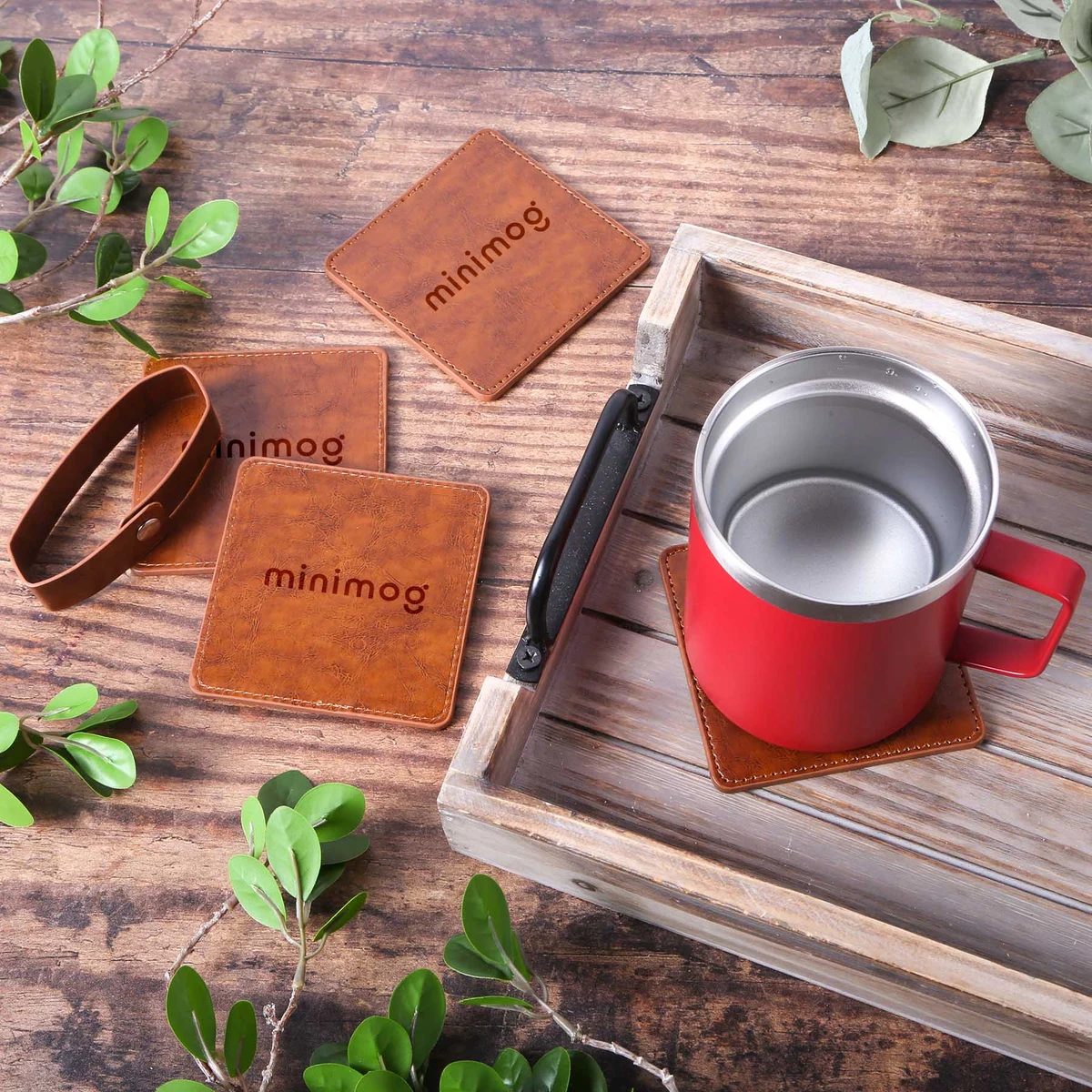 Watson Square PU Leather Coaster: 4 piece Set in Holder 1