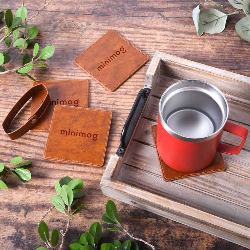 Watson Square PU Leather Coaster: 4 piece Set in Holder