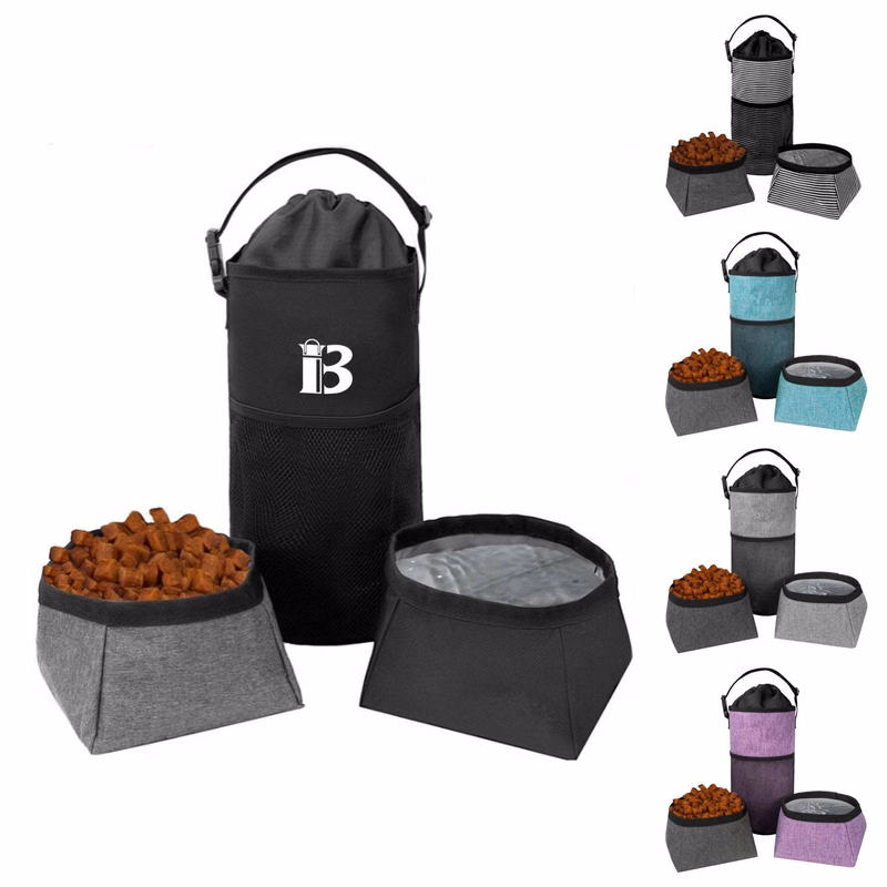 Foldable Waterproof Polyester Dog Food Bag and Bowls Set