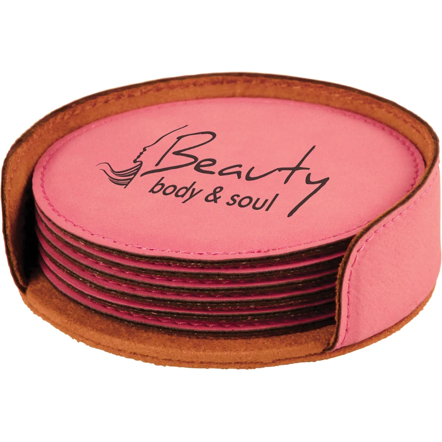 4" Pink Round Leatherette 6-Coaster Set 1