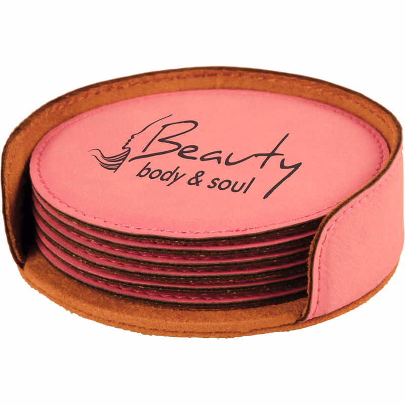 4" Pink Round Leatherette 6-Coaster Set