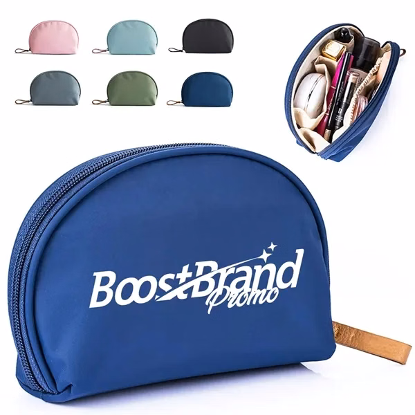 Custom Half-Moon Zippered Cosmetic Pouch with Wristlet Loop — Compact Promo Organizer