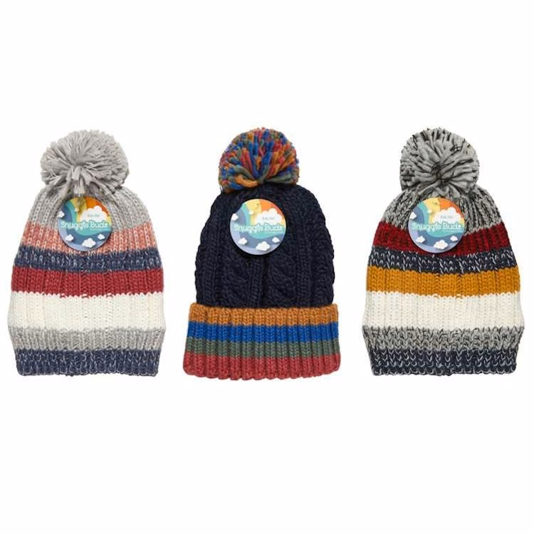Kids Striped Knit Hats with Pom - Assorted Colors One Size