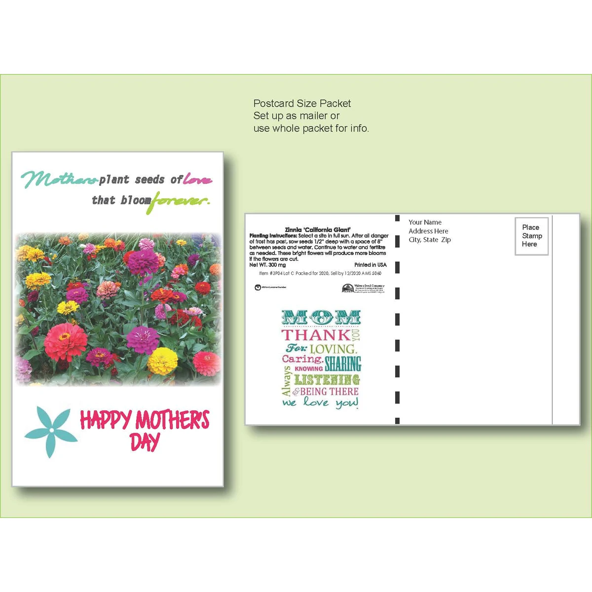 Zinnia California Giant - Flower Seed Packet - Postcard Mailer Size 4" x 6.5" 1