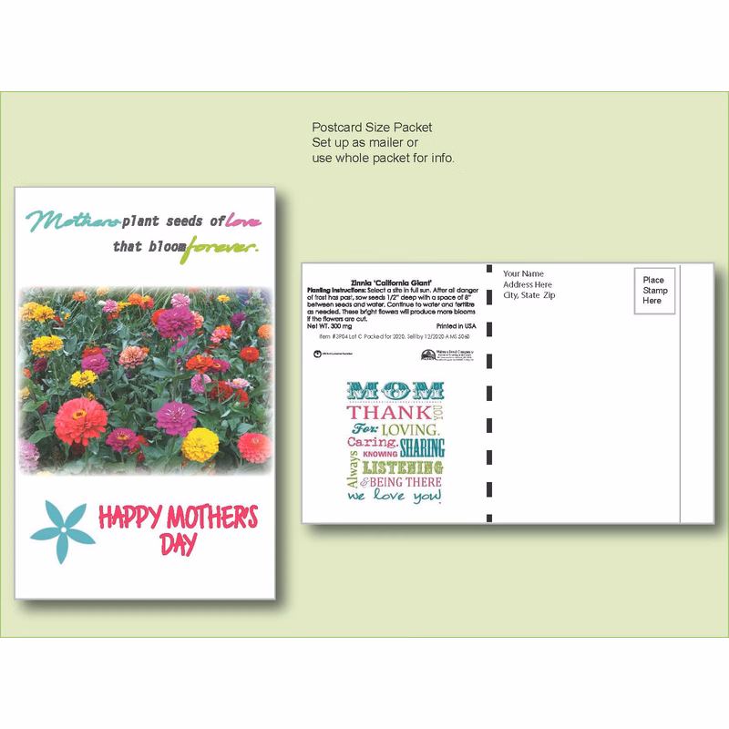 Zinnia California Giant - Flower Seed Packet - Postcard Mailer Size 4" x 6.5"