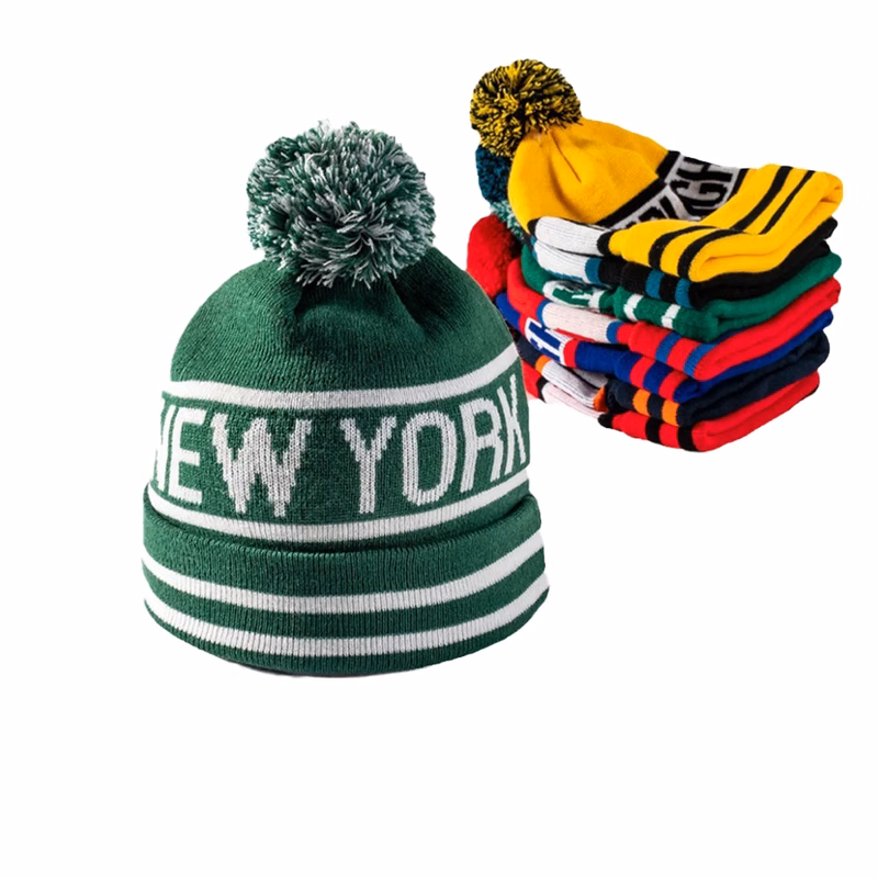 Knitted Stripe Pom Beanie MOQ 100 PCS