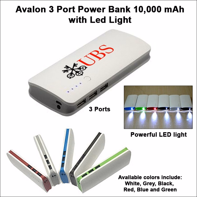 Avalon 3 Port Power Bank with LED Light 10000 mAh