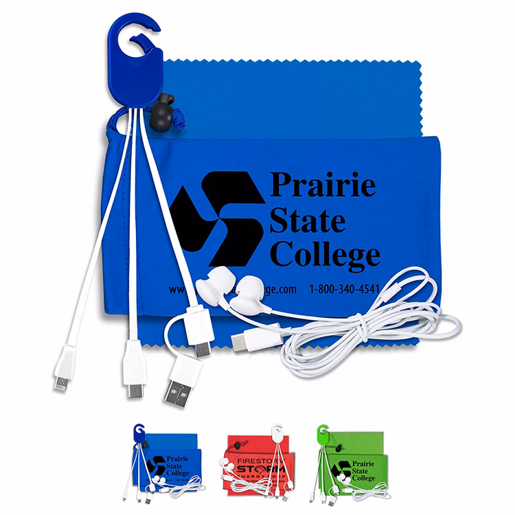 Mobile Tech Charging Kit with Earbuds in Microfiber Cinch Pouch Components inserted into Microfiber