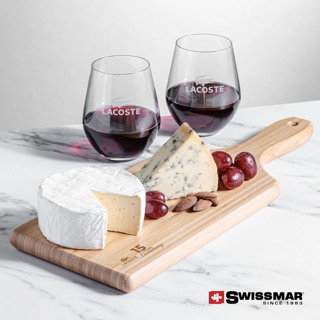 Swissmar® Bamboo Board & 2 Reina Stemless Wine 1