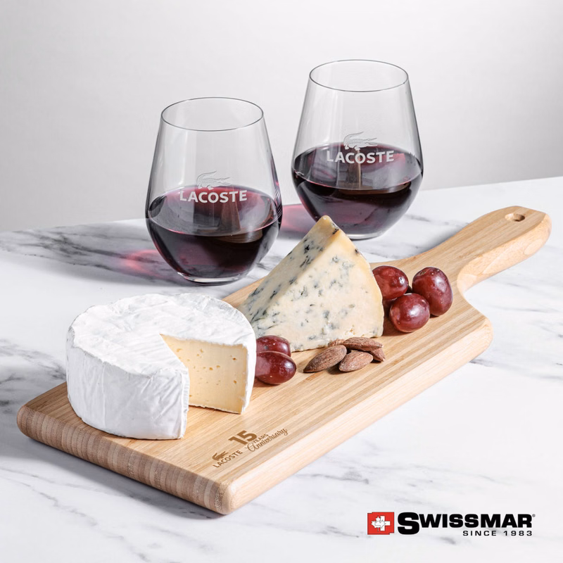 Swissmar® Bamboo Board & 2 Reina Stemless Wine