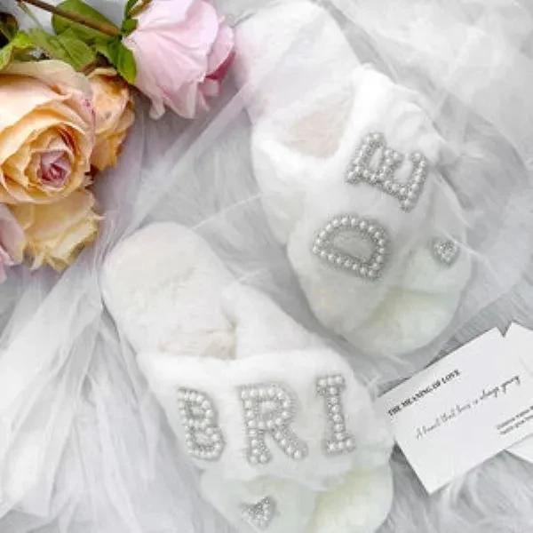 Customization Logo Pearl Warm Plush Slippers for Brides, custom women's shirt with logo imprint 1