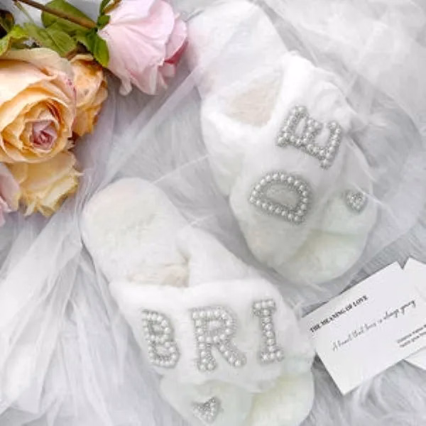 Customization Logo Pearl Warm Plush Slippers for Brides