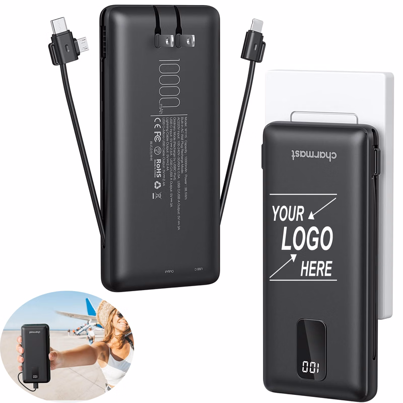 10000mAh Portable Charger with AC Wall Plug and Built-in Cables