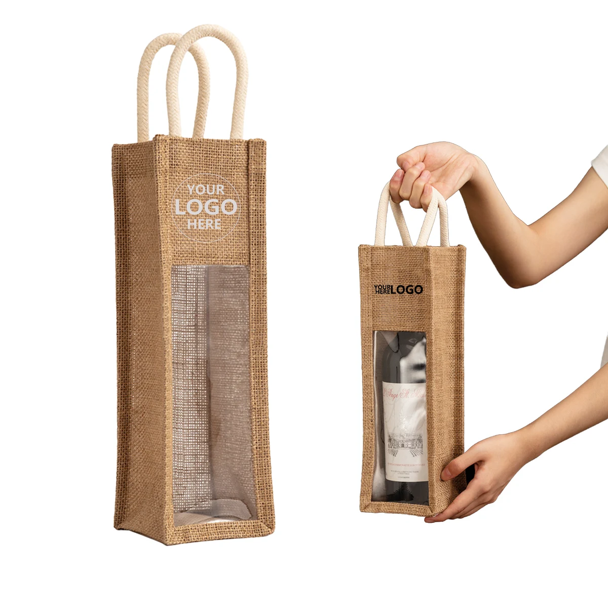 Jute Transparent Single-Bottle Wine Tote Bag 1