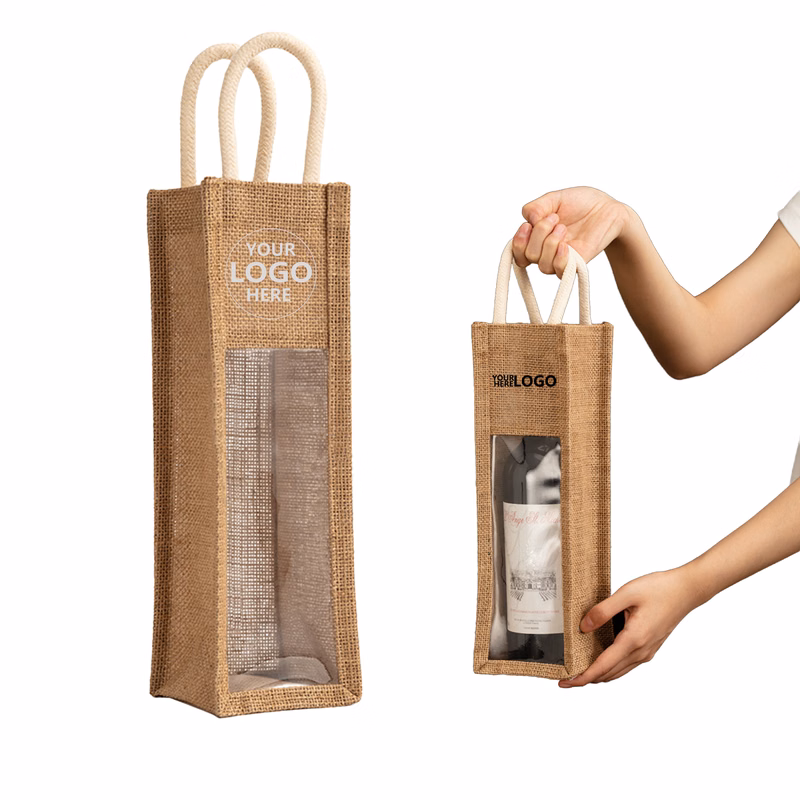 Jute Transparent Single-Bottle Wine Tote Bag