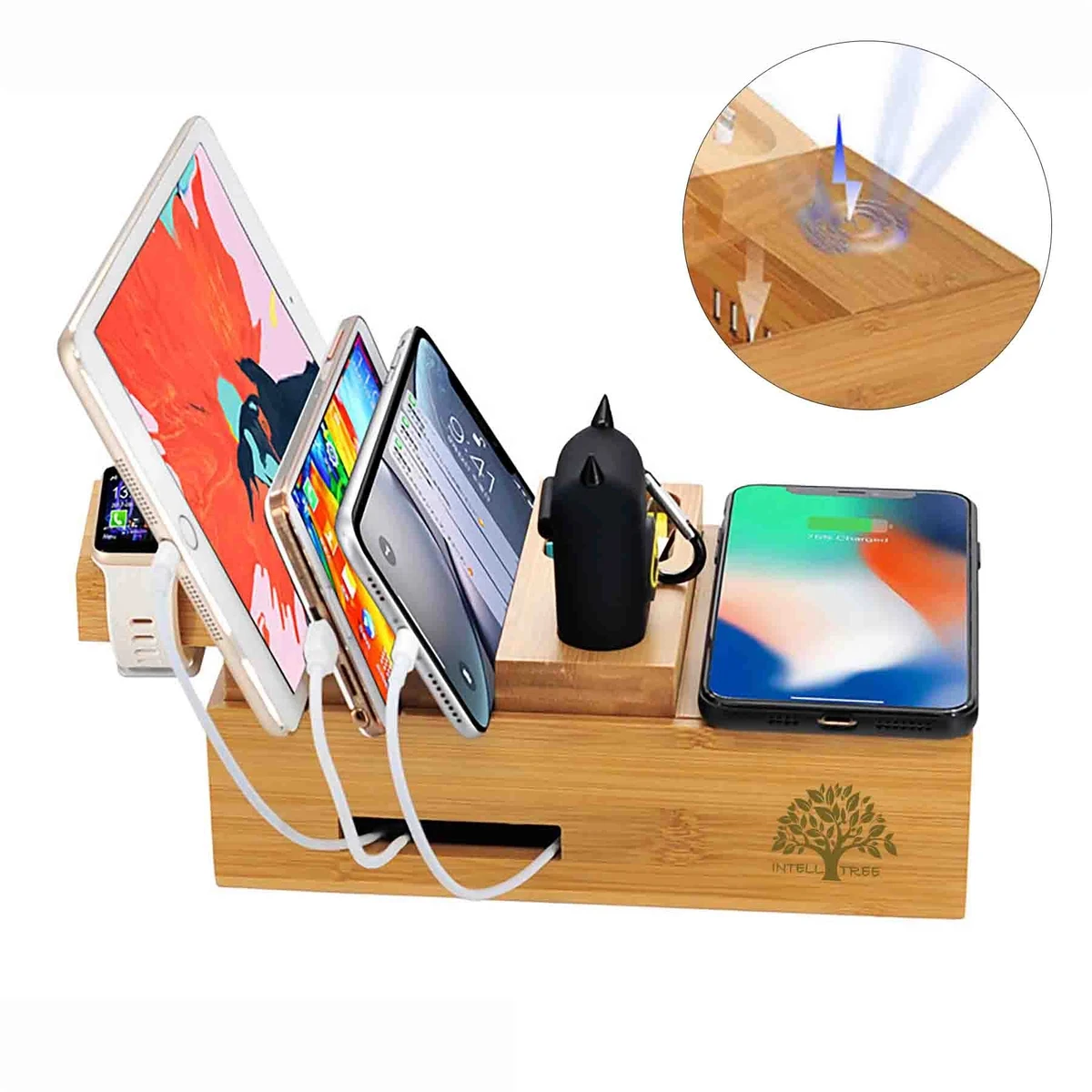 Bamboo Docking Charging Station Organizer For 5 Devices 1