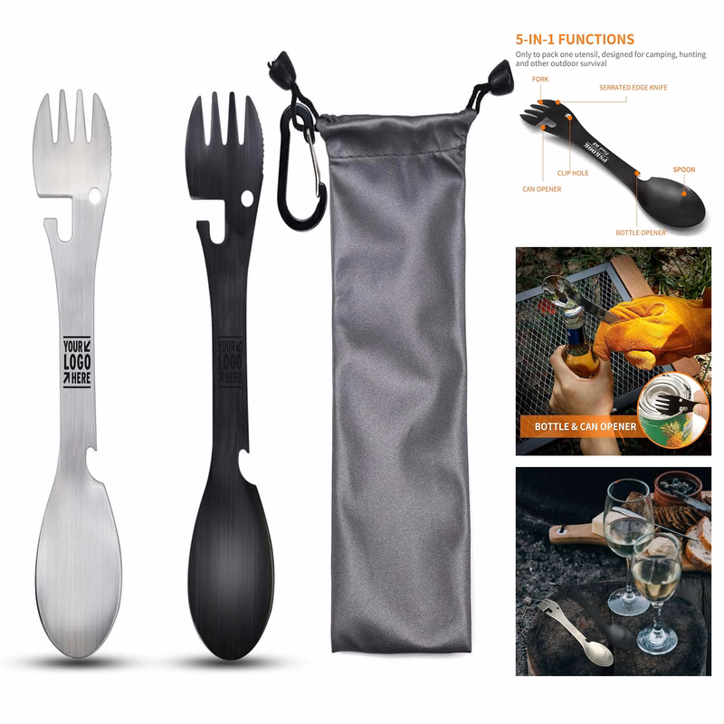 Camping Travel Utility Tactical 2 Pack 5-in-1 Stainless Steel Spork Spoon Bottle Opener Fork Knife