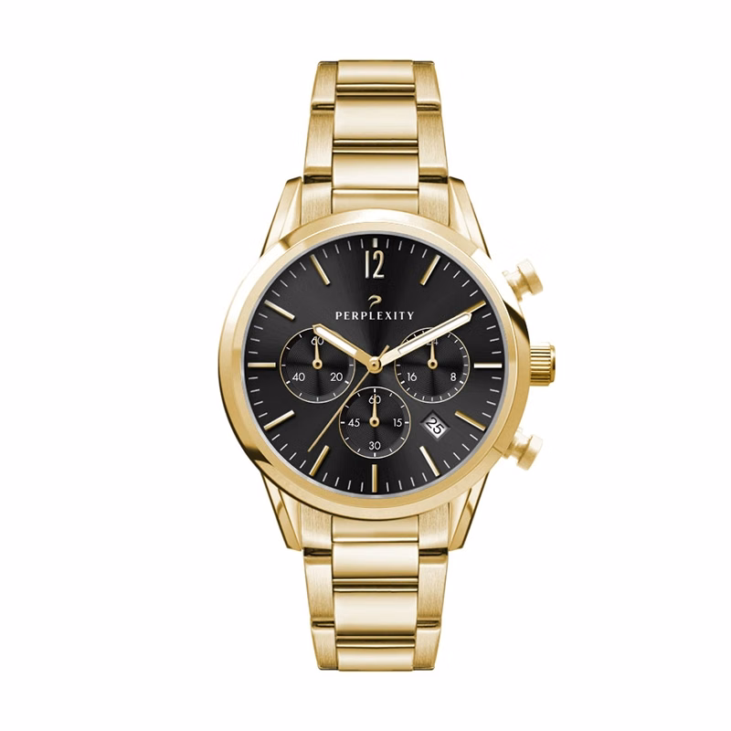 Watch Creations 34MM, 3 HAND, GOLD PLATED STEEL CASE, SUNRAY BLACK DIAL, GOLD PLATED WRAPPED EDGE STEEL BAND