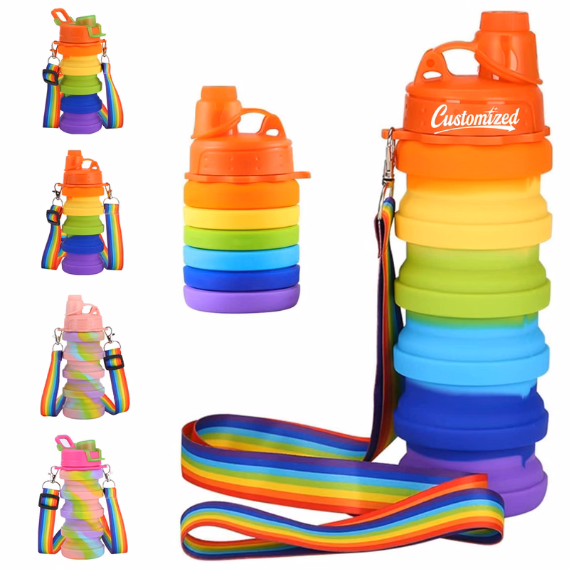 12oz  Collapsible Silicone Bottle with Rainbow Strap