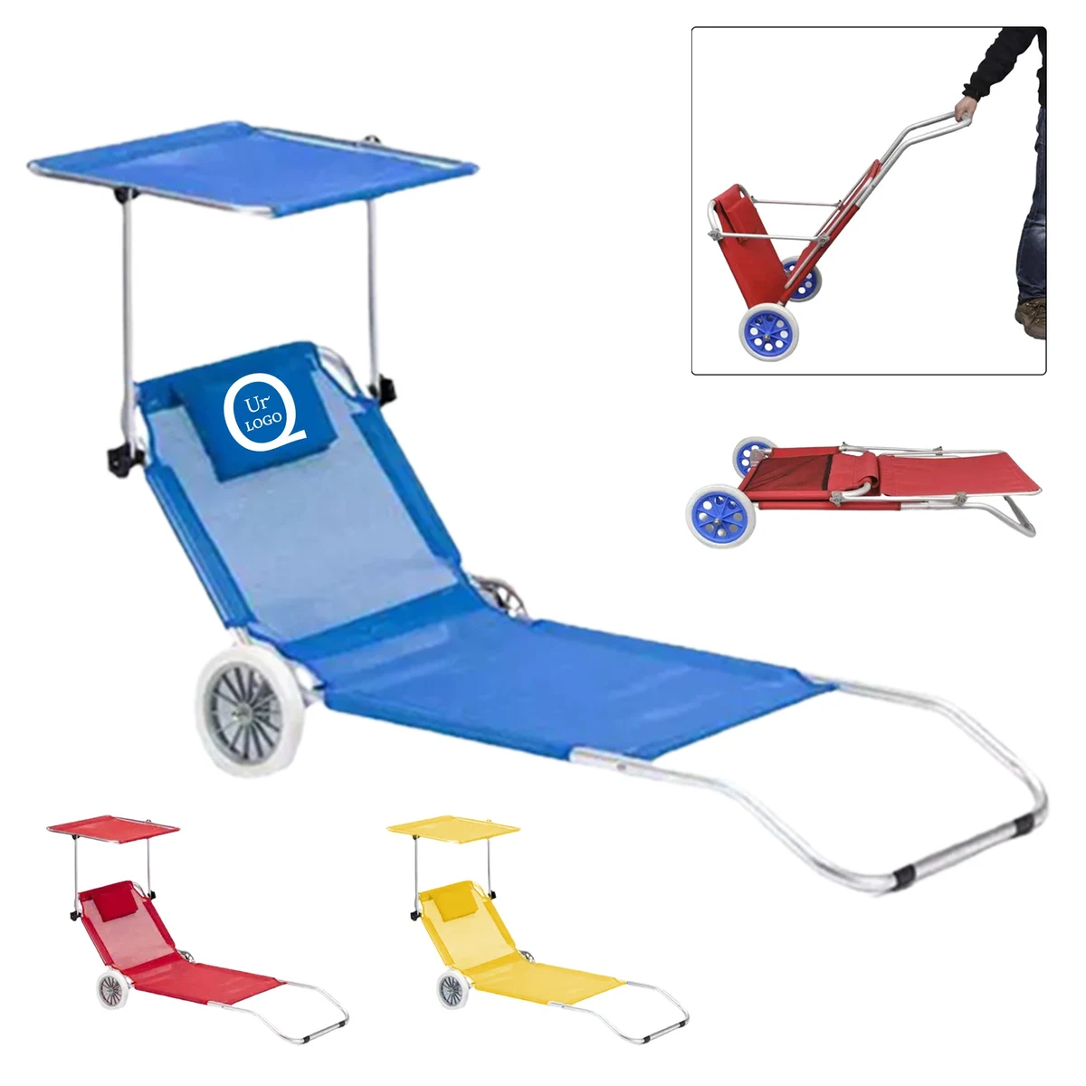 Textilene Foldable Beach Lounger W/ Wheels And Canopy 1