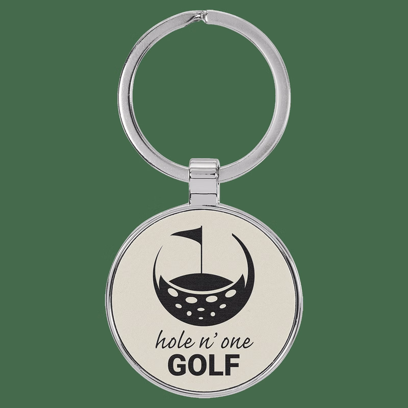 1 1/2" Leatherette/Metal White Round Keychain