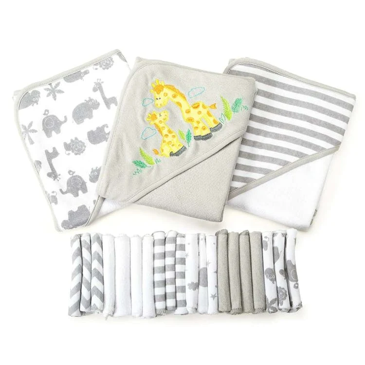 Baby Hooded Towels & Washcloths Sets - Gray Giraffe 23-Piece Gift Set 1