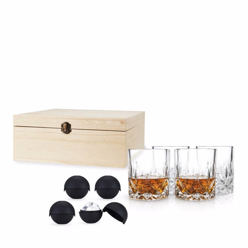 Viski® Crystal Liquor Glass and Ice Sphere Wood Box Set