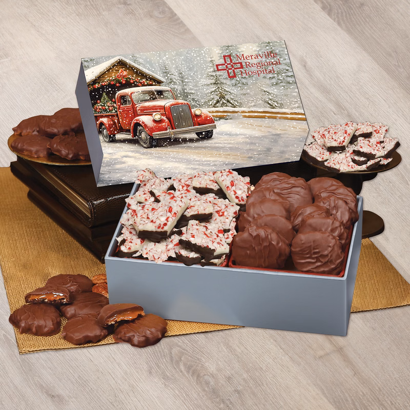 Peppermint Bark & Pecan Clusters in Gift Box with Red Truck on Bridge Sleeve