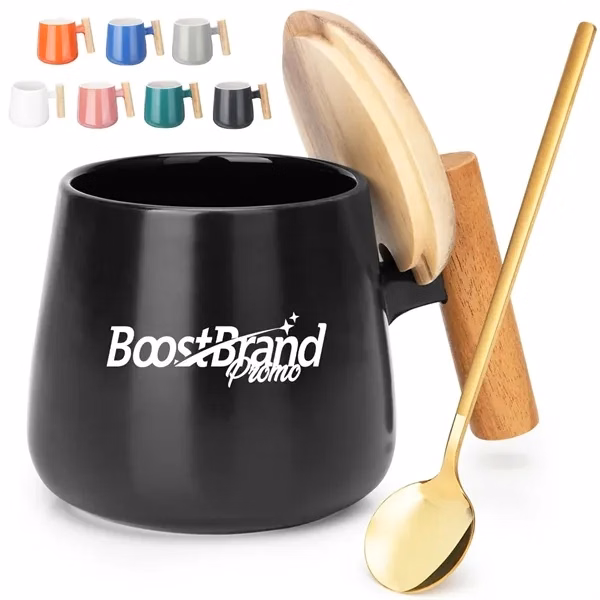 Custom Ceramic Mug with Wood-Handle and Matching Lid — Premium Beverage Drinkware