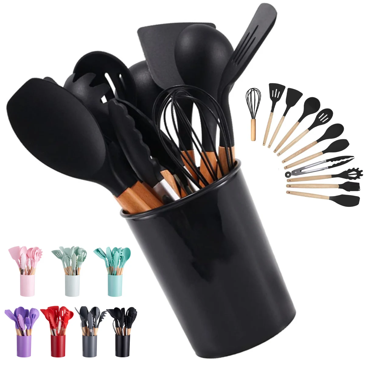 12-Piece Silicone Kitchen Utensil Set with Wood Handles 1