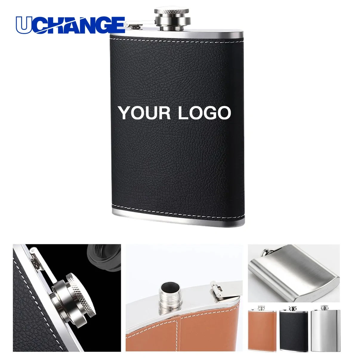 Portable Flask Bottle 8oz with Leather Exterior, custom water bottle with logo imprint 1