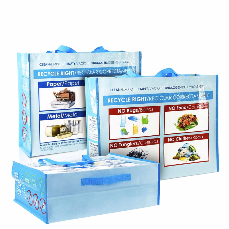 Custom Full-Color Laminated Woven Recycling Bag with 8" Bottom Handles 19"x15"x7"