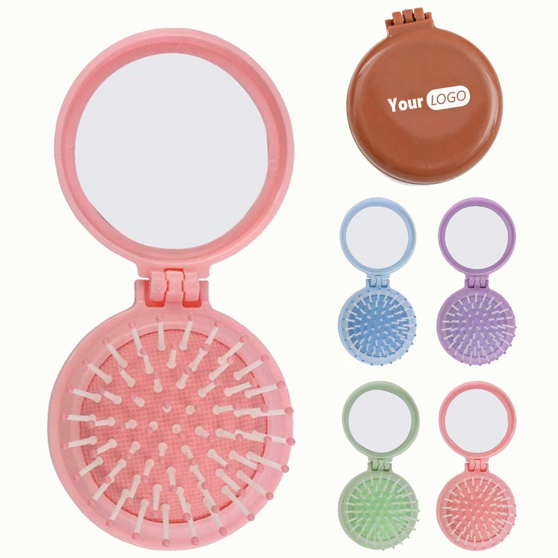 Foldable Mini Hair Brush With Built-in Mirror