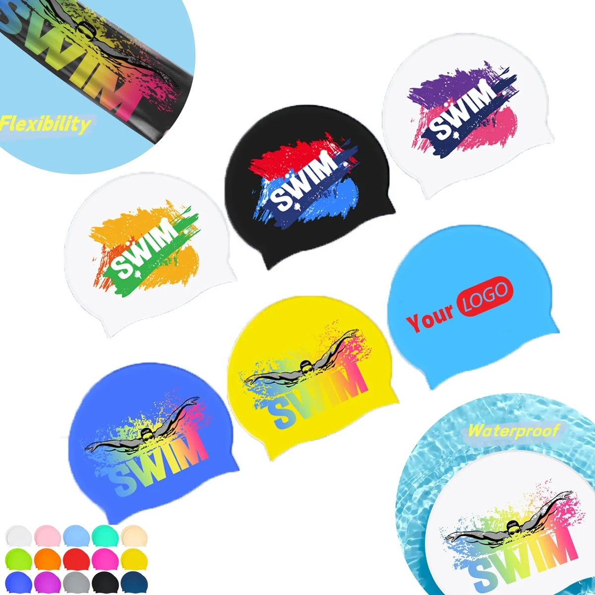 Custom Full Color Logo Silicone Swim Cap Swimming Shower Hat 1
