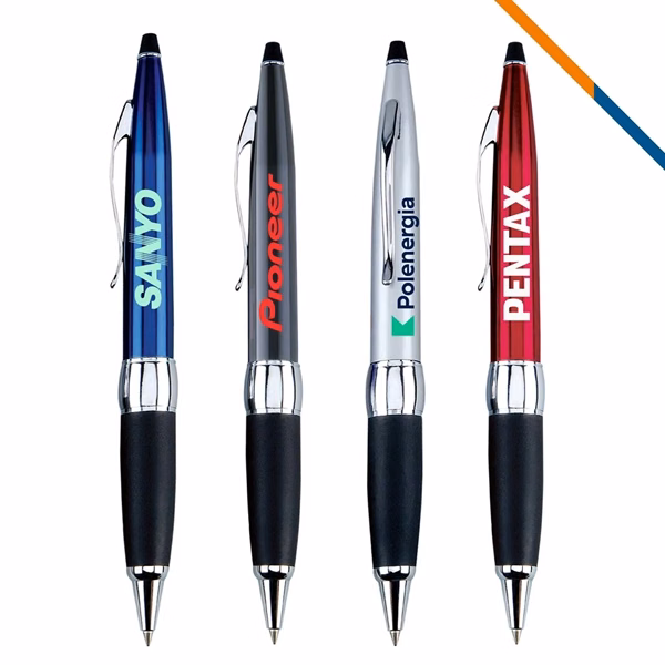Custom 5.5 Inch Soft Rubber Grip Ballpoint — Chrome Metallic Office Pen