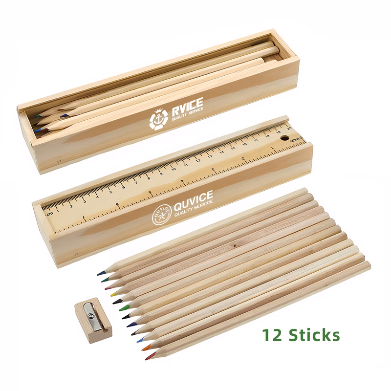 Pull-Out Wooden 12-Color Pencil Ruler case Set W/ Sharpener