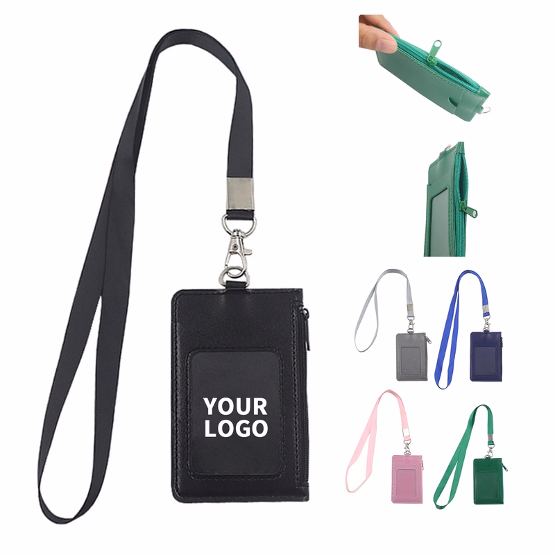 Polyurethane Leather Zipper Card Holder With Lanyard